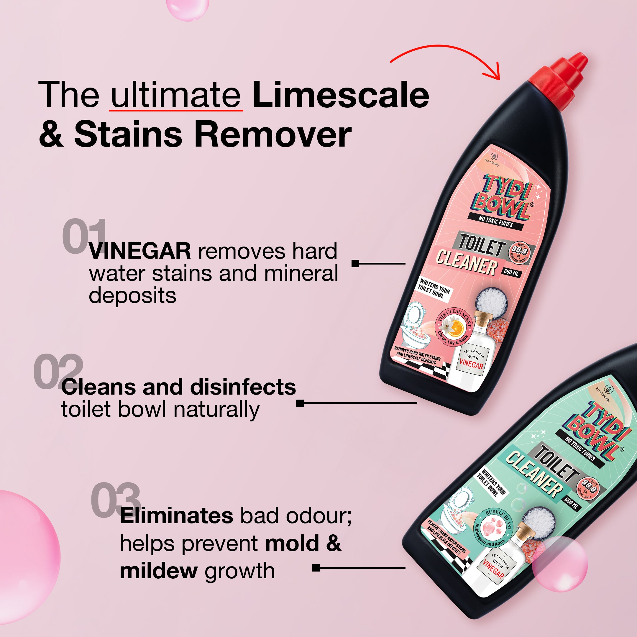 TYDIBOWL® TOILET CLEANER, VINEGAR POWERED, HARD WATER STAIN BLASTER, COMBO OF TWO FRAGRANCES: BUBBLE BLAST + CLEAN SCENT