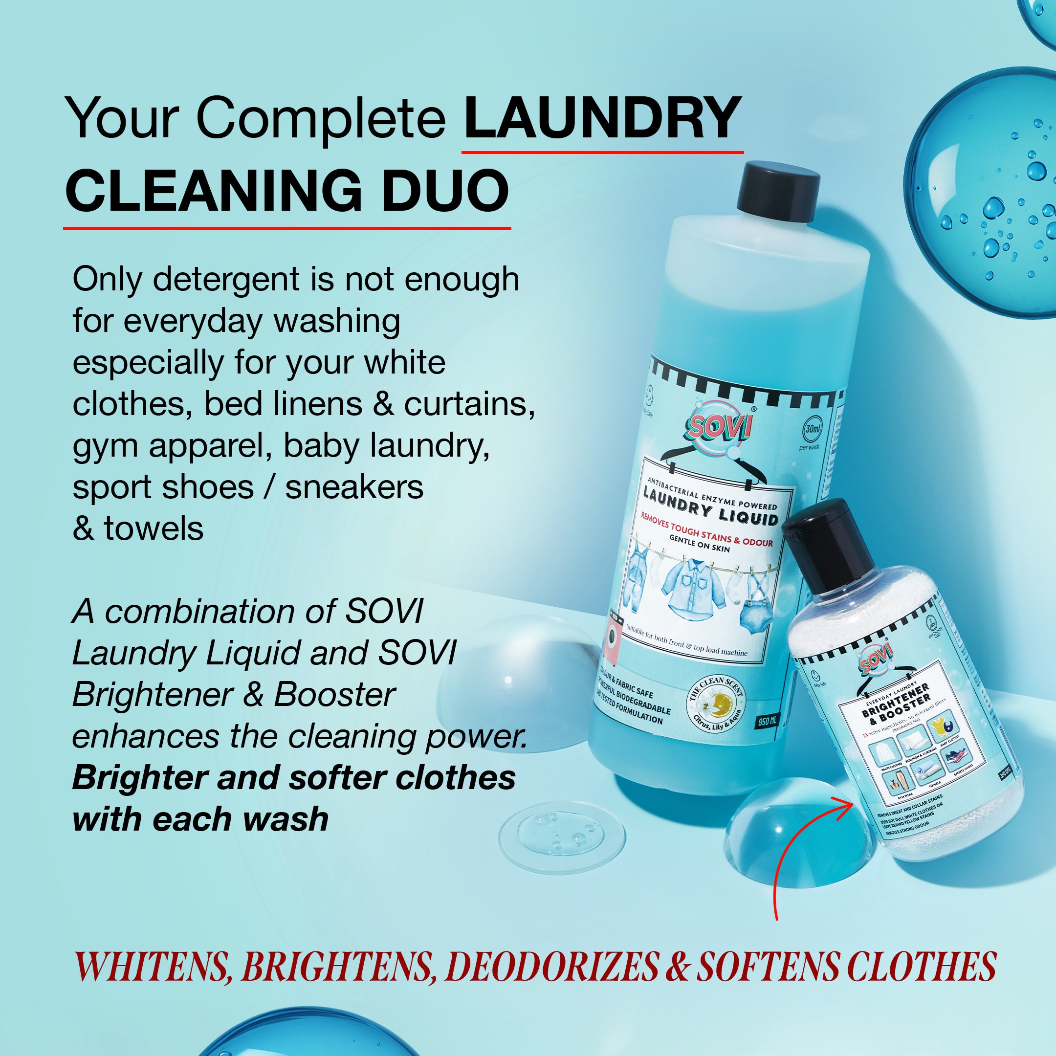 SOVI® ENZYMES POWERED LIQUID LAUNDRY DETERGENT, COLOUR SAFE, FABRIC SAFE, BABY SAFE, PET SAFE, CONVENTRATED LIQUID