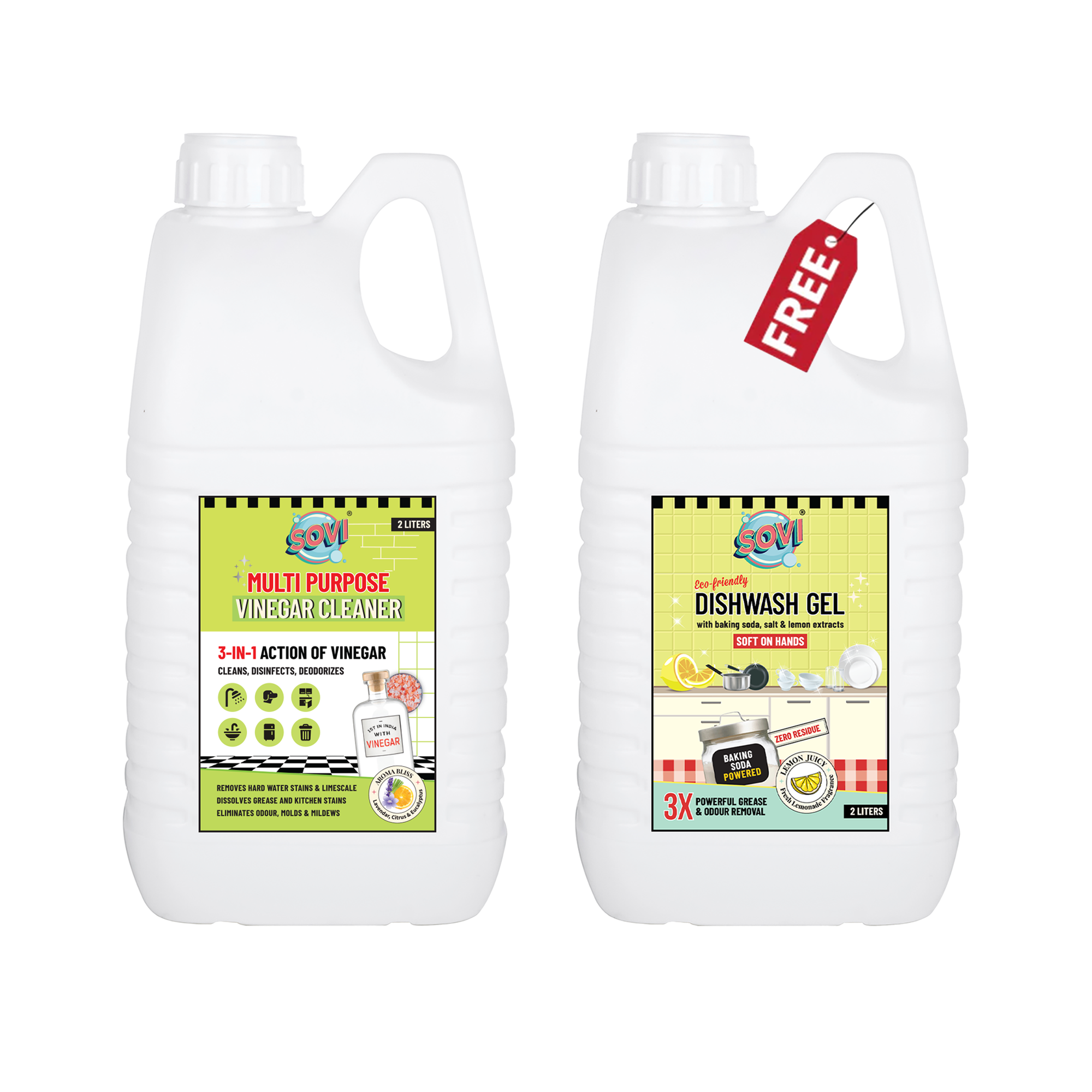 Buy SOVI® Multi-Purpose Vinegar Cleaner 2 Liters & Get SOVI® Dishwash Liquid Gel 2 Liters (₹499) FREE