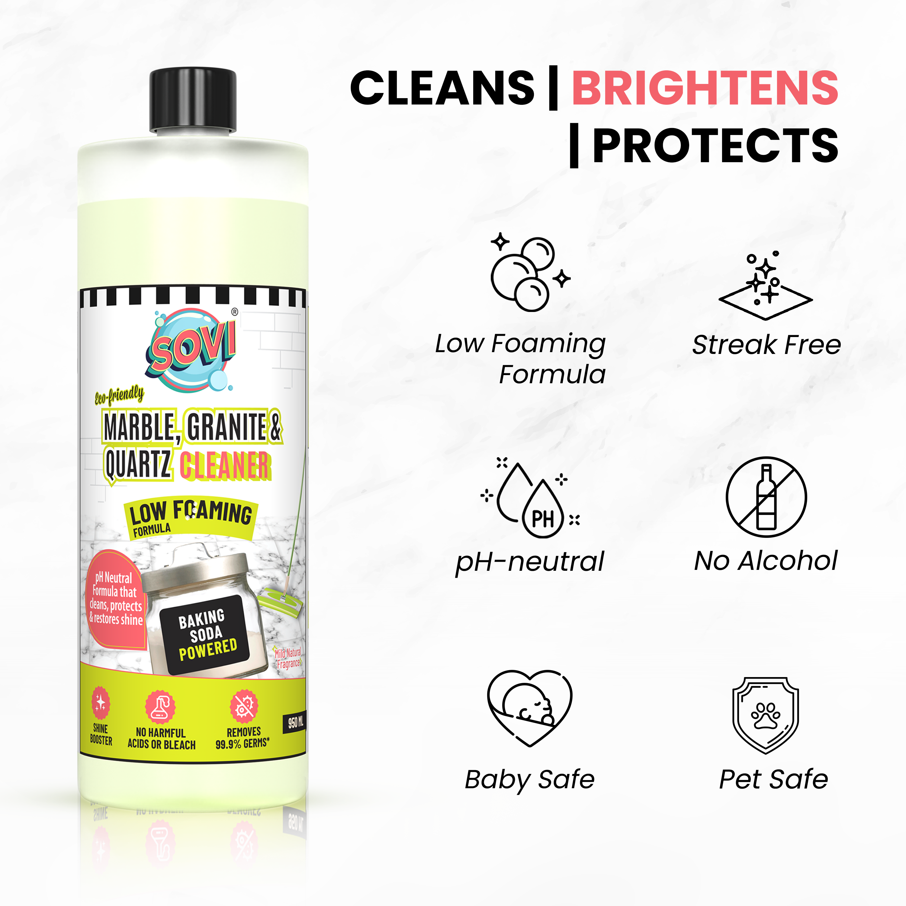 SOVI® ECO FRIENDLY MARBLE CLEANER, GRANITE, QUARTZ & FLOOR CLEANER, LOW FOAMING FORMULA, DEEP CLEANS, RESTORES SHINE, PH NEUTRAL FORMULA, 950 ML