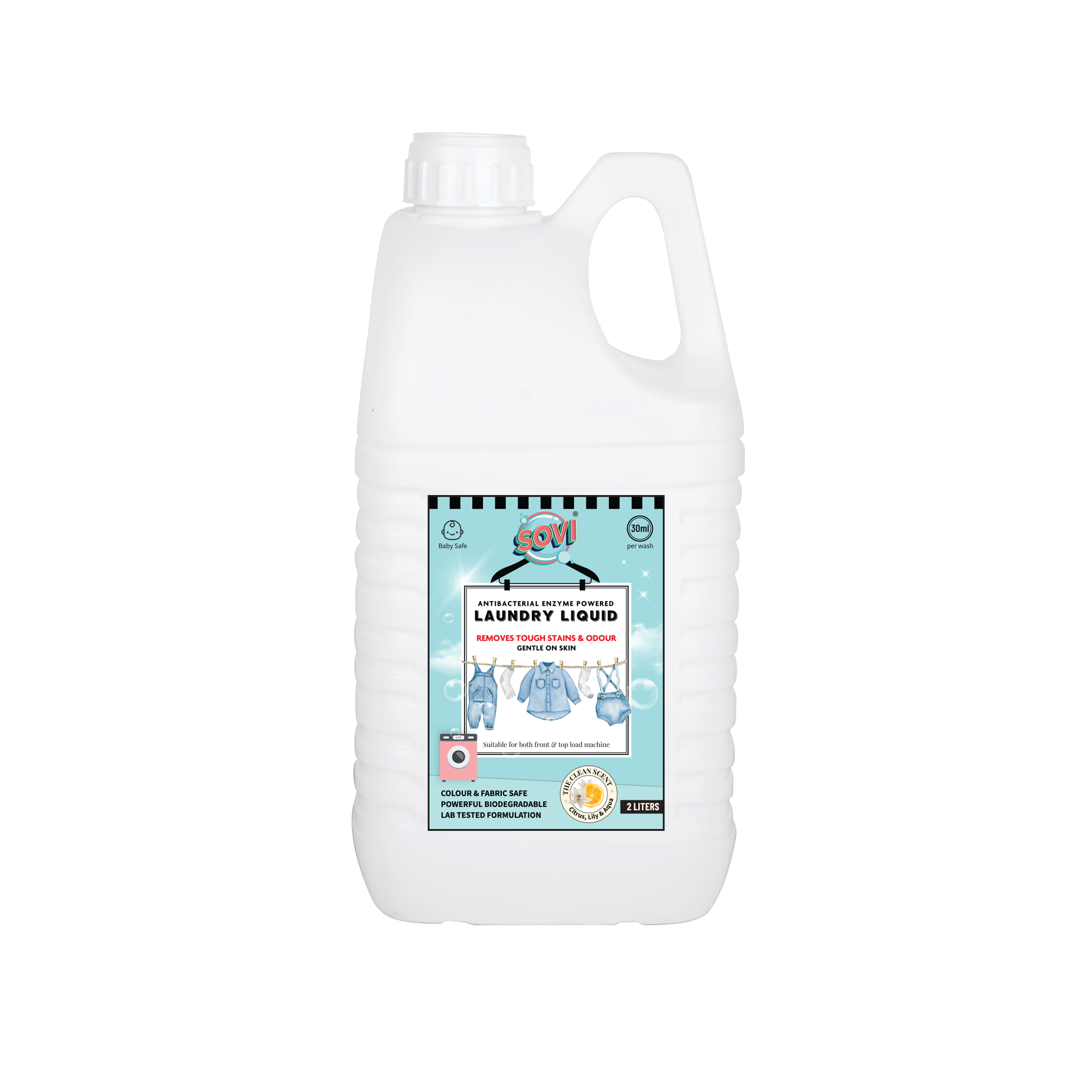 SOVI® ENZYME POWERED LIQUID LAUNDRY DETERGENT, COLOUR SAFE, FABRIC SAFE, BABY SAFE, PET SAFE, CONVENTRATED LIQUID