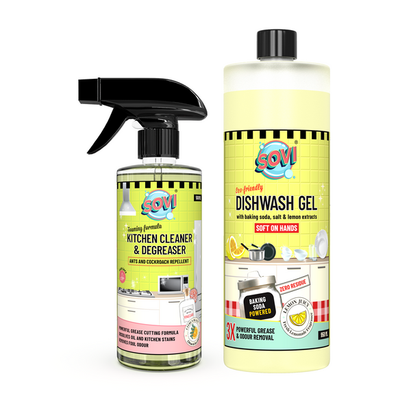 Kitchen Cleaning Combo - SOVI® KITCHEN CLEANER & DEGREASER 500 ml, SOVI® DISHWASH LIQUID GEL 950 ml, Pack of 2