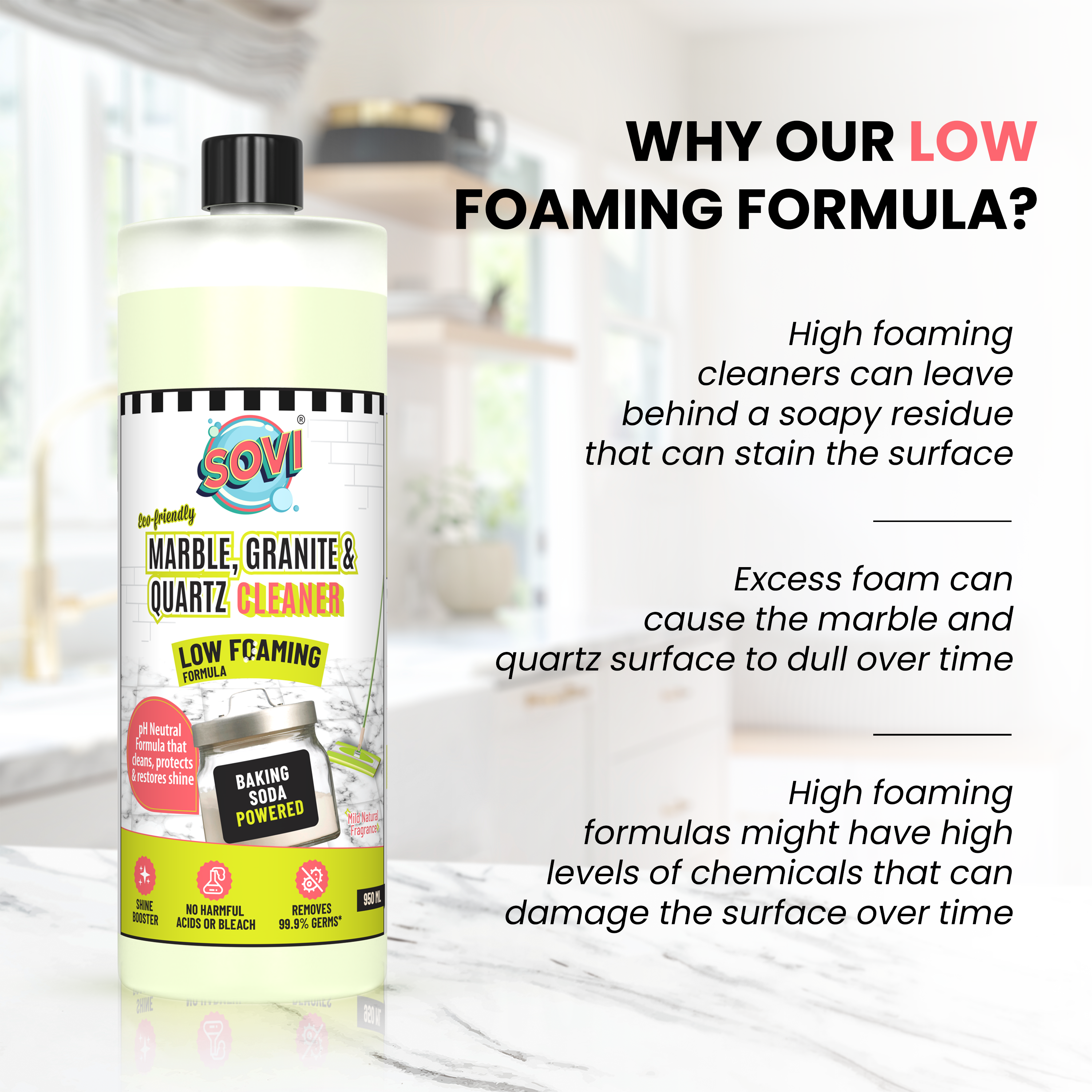 SOVI® ECO FRIENDLY MARBLE CLEANER, GRANITE, QUARTZ & FLOOR CLEANER, LOW FOAMING FORMULA, DEEP CLEANS, RESTORES SHINE, PH NEUTRAL FORMULA, 950 ML