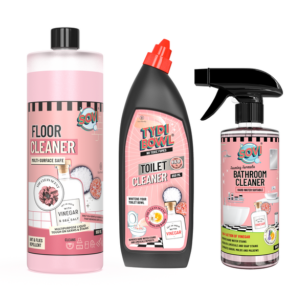 The Ultimate Bathroom Cleaning Kit - SOVI® Floor Cleaner 950 ml, SOVI® Foaming Bathroom Cleaner 500 ml, TYDIBOWL® Toilet Cleaner 650, Pack of 3