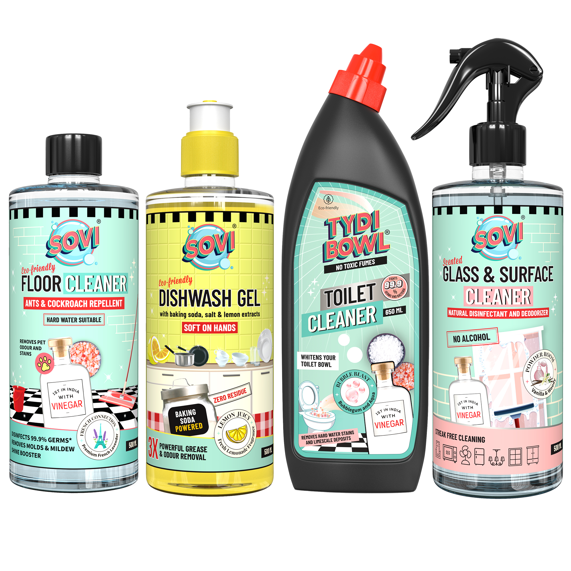 Bestseller Cleaning Kit - SOVI® Floor Cleaner, SOVI® Dishwash Liquid, SOVI® Glass Cleaner, TYDIBOWL® Toilet Cleaner, Pack of 4