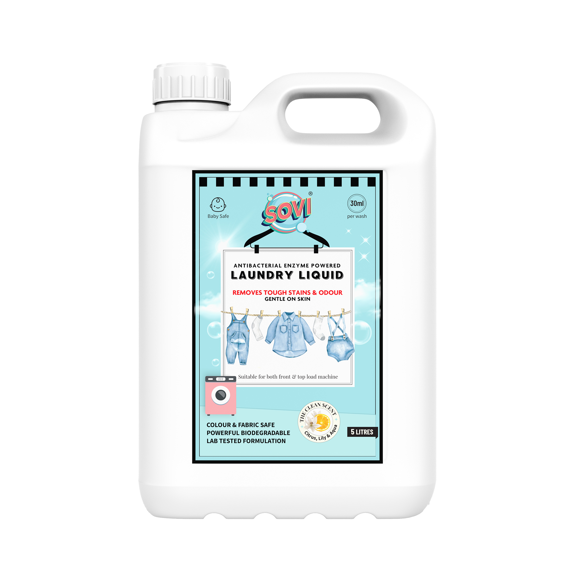 SOVI® ENZYME POWERED LIQUID LAUNDRY DETERGENT, COLOUR SAFE, FABRIC SAFE, BABY SAFE, PET SAFE, CONVENTRATED LIQUID