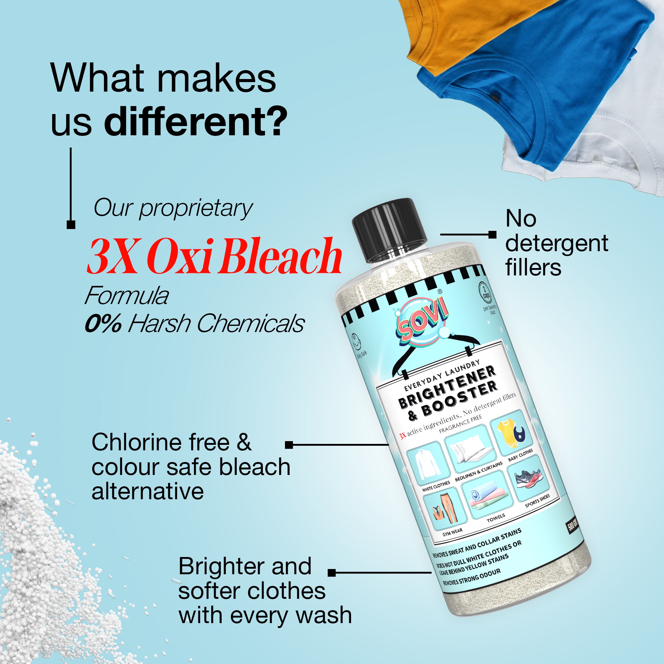 SOVI® EVERYDAY LAUNDRY BRIGHTNER & BOOSTER, CHLORINE FREE OXYGEN BLEACH, ODOUR REMOVER, LAUNDRY WHITENER