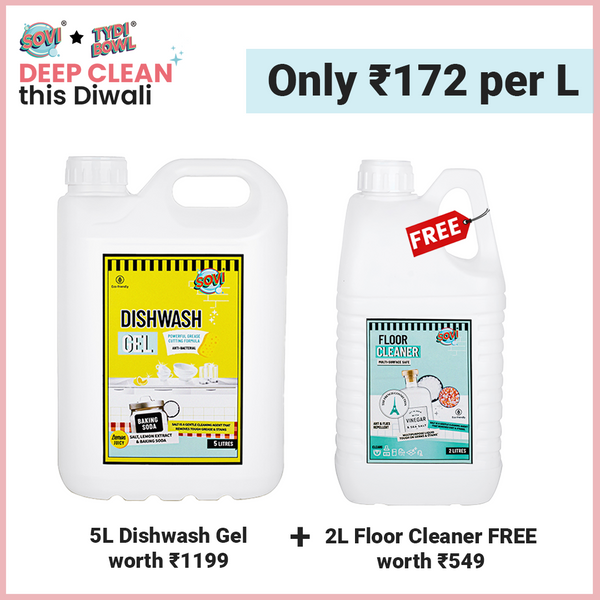 DIWALI OFFER - SOVI® Dishwash Liquid Gel 5 Liter | SOVI® Floor Cleaner 2 Liter (₹549) FREE. Save Upto 45%
