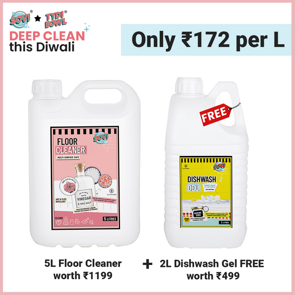 DIWALI OFFER - SOVI® Floor Cleaner 5 Liter | SOVI® Dishwash Liquid Gel 2 Liter (₹499) FREE. Save Upto 40%