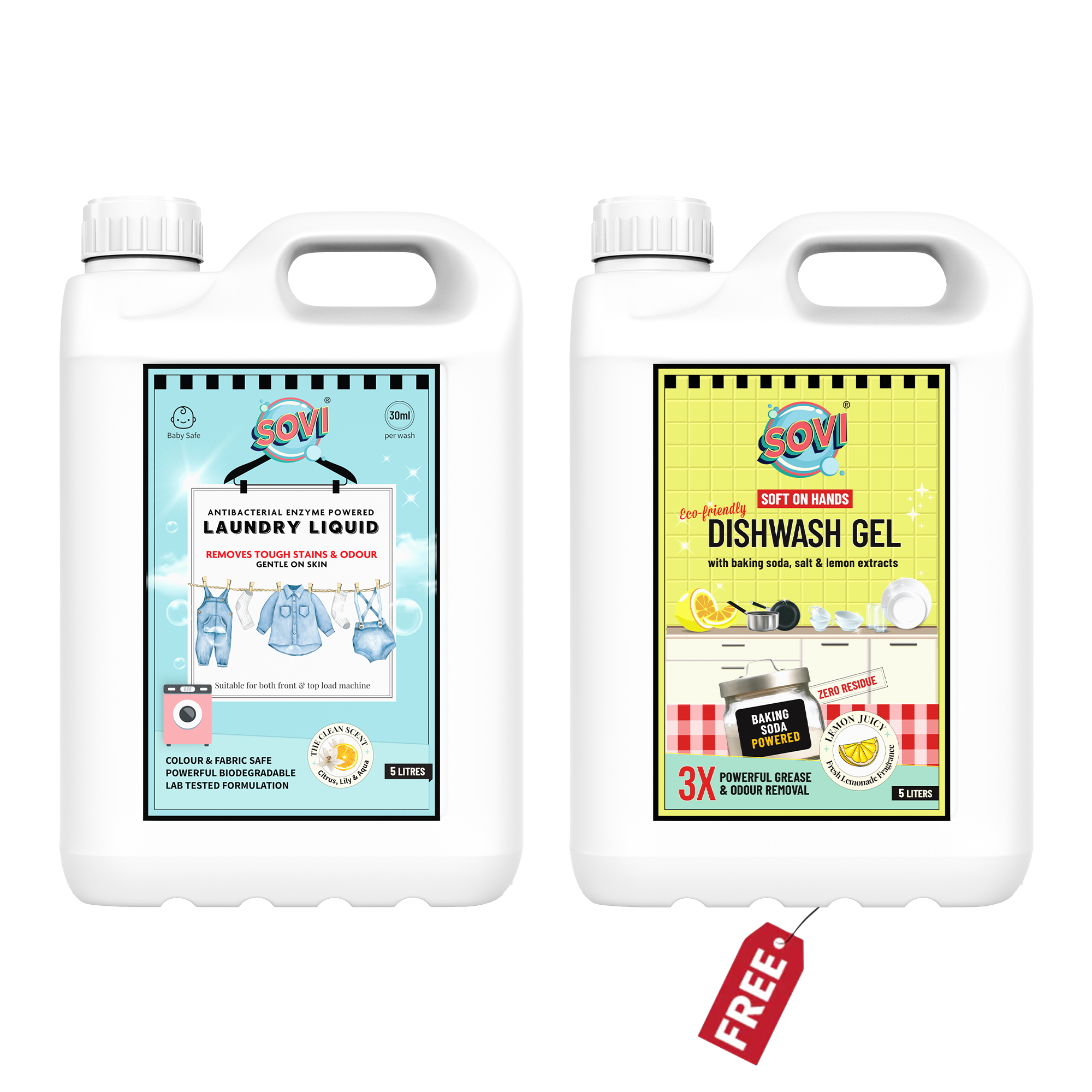 SOVI® Dishwash Gel 5 Liters worth ₹1199 FREE with SOVI® Laundry Liquid Detergent 5 Liters worth ₹1999