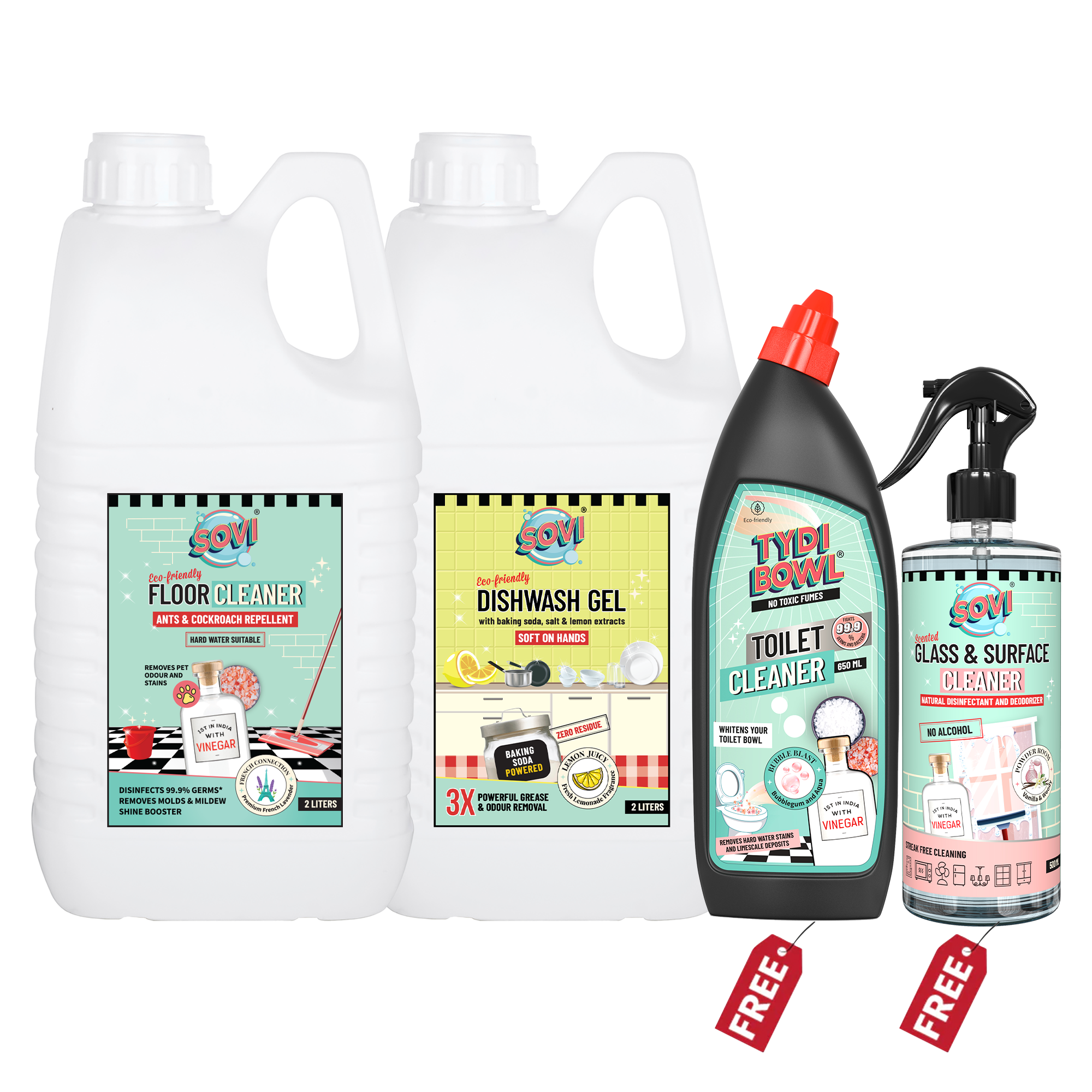 SOVI® Floor Cleaner 2L, SOVI® Dishwash Liquid 2L - Get TYDIBOWL® Toilet Cleaner ₹189 & SOVI® Glass Cleaner ₹149 FREE