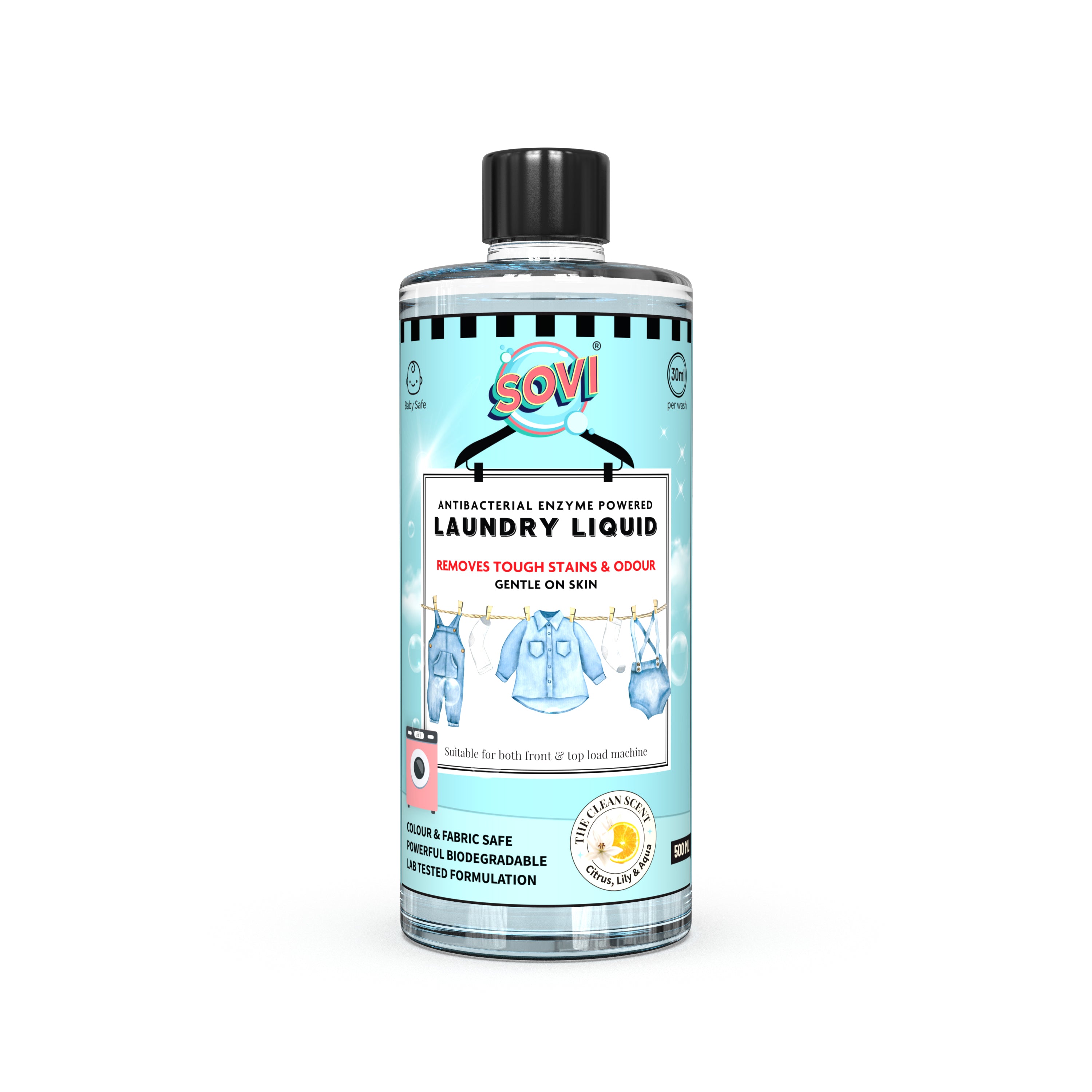SOVI® ENZYMES POWERED LIQUID LAUNDRY DETERGENT, COLOUR SAFE, FABRIC SAFE, BABY SAFE, PET SAFE, CONVENTRATED LIQUID
