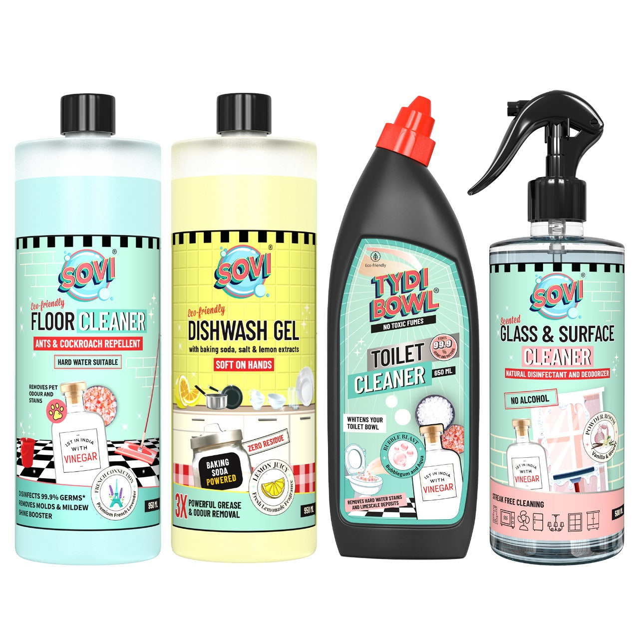 Bestseller Cleaning Kit - SOVI® Floor Cleaner, SOVI® Dishwash Liquid, TYDIBOWL® Toilet Cleaner, SOVI® Glass Cleaner (₹149) FREE